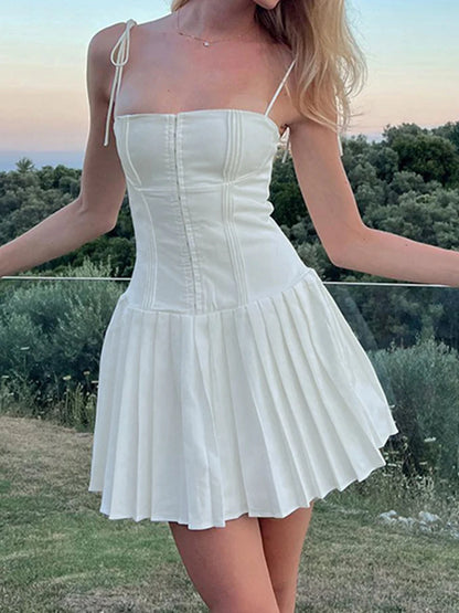 Sweet French Style White Spaghetti Straps A Line Pleated Dresses For Women Front Hook Closure Fit And Flare Mini Dress
