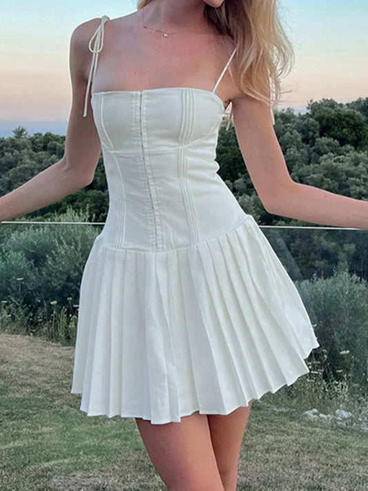 Sweet French Style White Spaghetti Straps A Line Pleated Dresses For Women Front Hook Closure Fit And Flare Mini Dress