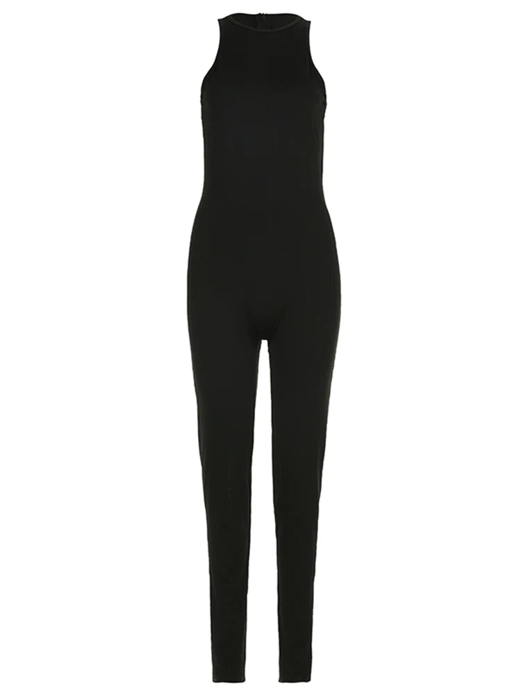 Black Solid Sleeveless Skinny Sexy Vest Jumpsuits For Women Gray O Neck Simple Basic Casual Summer Sports Overalls
