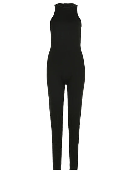 Black Solid Sleeveless Skinny Sexy Vest Jumpsuits For Women Gray O Neck Simple Basic Casual Summer Sports Overalls