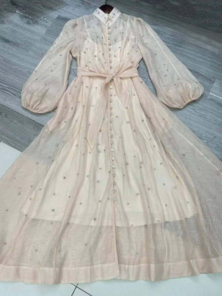 Elegant Long Dress British Style Fashion Beading Single Breasted Design Gentle Temperament Dresses Women 2025 Spring Autumn