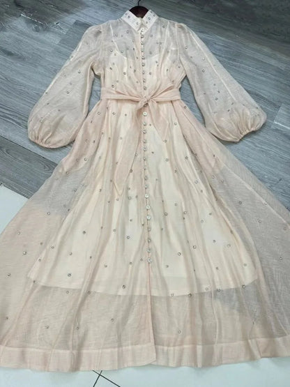 Elegant Long Dress British Style Fashion Beading Single Breasted Design Gentle Temperament Dresses Women 2025 Spring Autumn