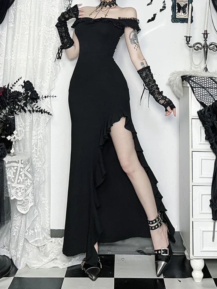 Alt Goth Coquette Off Shoulder Lace Maxi Dress