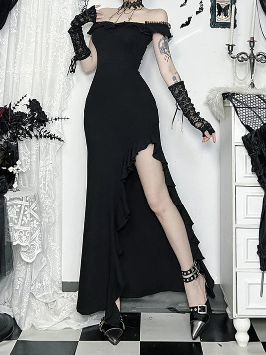 Alt Goth Coquette Off Shoulder Lace Maxi Dress