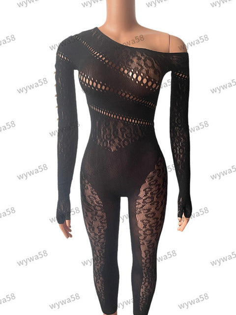 Sexy Long Sleeved Mesh Hollow Out Patch Women Jumpsuit  Fall New Elastic Tight Fitting Female Street Club Clothing