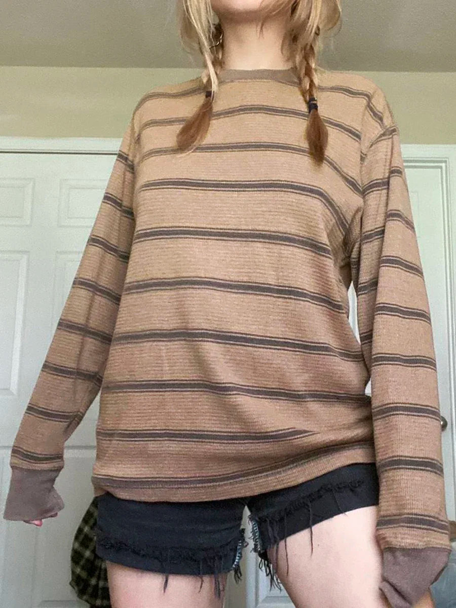 y2k Aesthetic T Shirt  Grey Striped Long Sleeve Tops Gothic E Girl Punk Dark Academia Clothes Streetwear