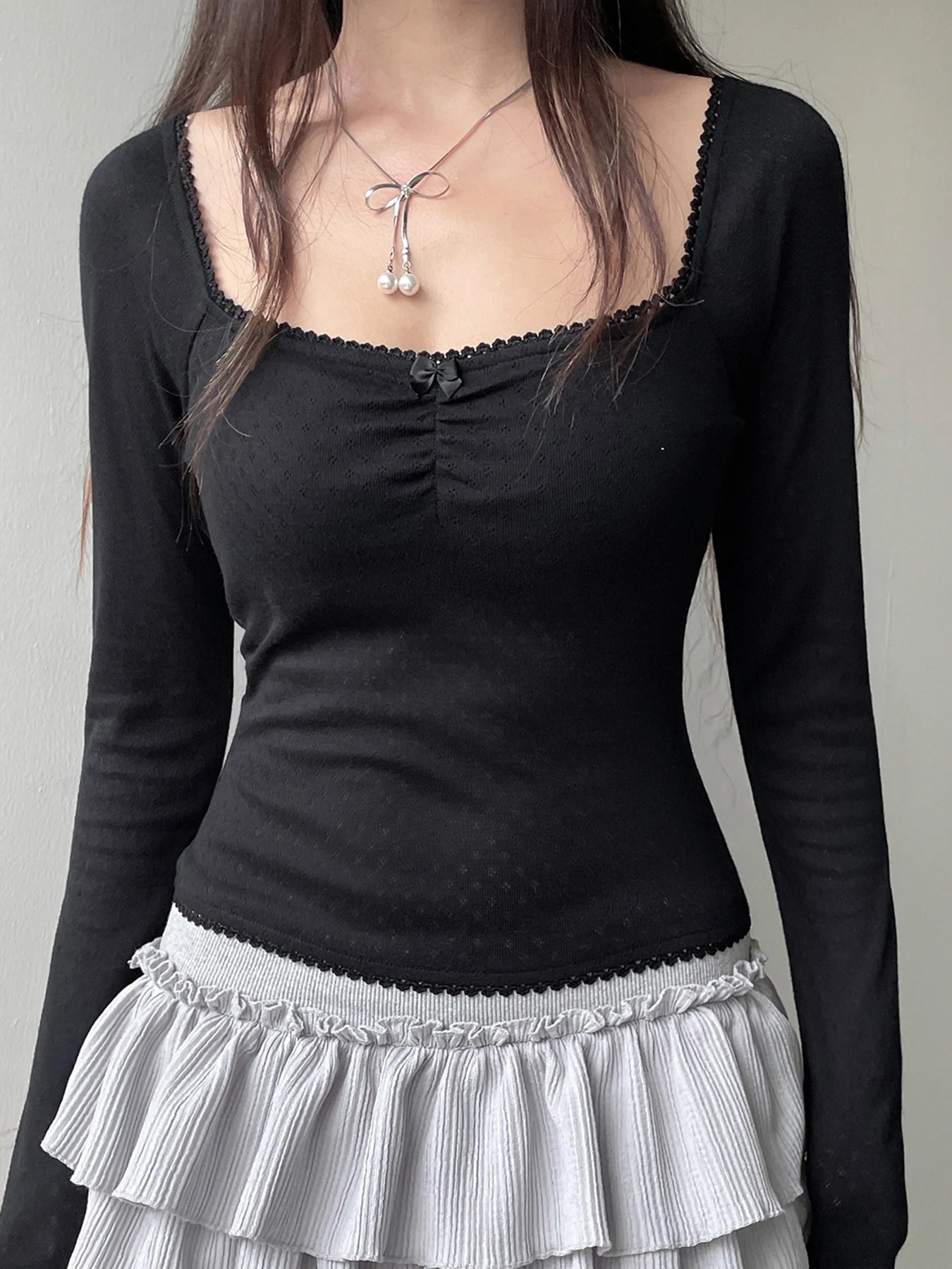 Korean Fashion Shirring Bow Square Collar Slim Long Sleeve Black T Shirt Women White Solid Basic Cute Japanese Top Tee