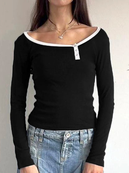 Contrast Binding Off Shoulder O Neck Slim Long Sleeve Basic Black T Shirt Women Asymmetric Button Up Chic Fashion Streetwear Tee