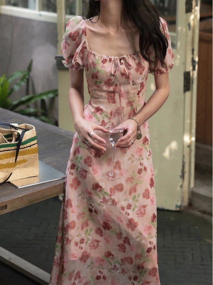 French Vintage Floral Printed Midi Dresses for Women Summer Puff Sleeve Square Collar Slim Party Dress Casual One Piece Vestido