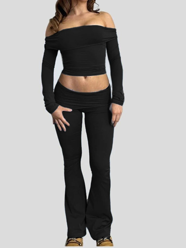Women Solid Skinny Ruched Off Shoulder Long Sleeve Tee Shirt And Flared Pants 2 Pieces Sets