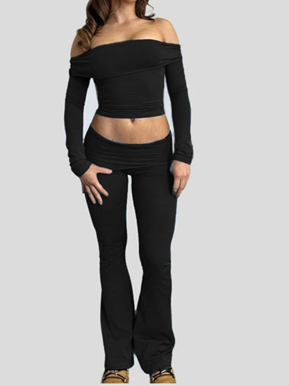 Women Solid Skinny Ruched Off Shoulder Long Sleeve Tee Shirt And Flared Pants 2 Pieces Sets