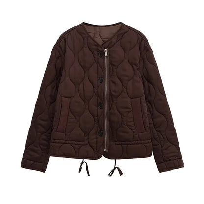 Casual Quilted Padded Jackets Women's Faionable Loose Round Neck Long Sleeve Zipper Cropped Length Outerwear Winter New