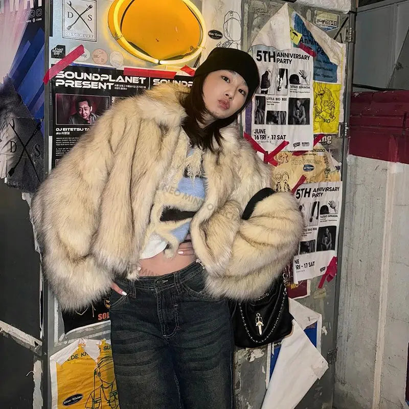 Winter Fluffy Gradient Faux Fur Coat Women Thicken Warm Fox Fur Jacket Girls Streetwear Style Furry Fur Overcoat