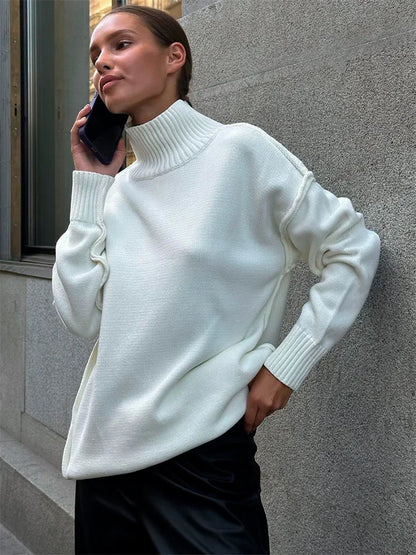 Winter Knit Turtleneck Pullover Female Clothes Loose Casual Ribbed Patchwork Long Sleeve Oversized Sweater Women Knitwear