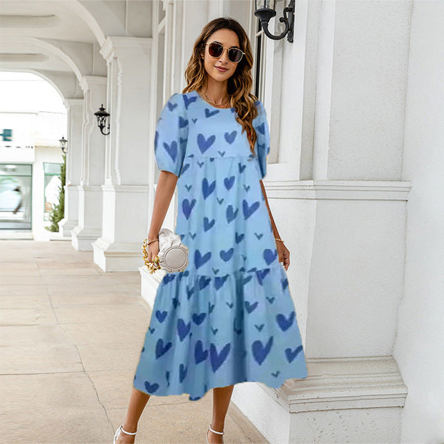 2025 Summer New Women&#8217;s Print Dress Puff Short Sleeves Ruffles Loose A-line Midi Dresses Fashion Casual Beach Vacation Vestidos