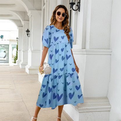 2025 Summer New Women&#8217;s Print Dress Puff Short Sleeves Ruffles Loose A-line Midi Dresses Fashion Casual Beach Vacation Vestidos