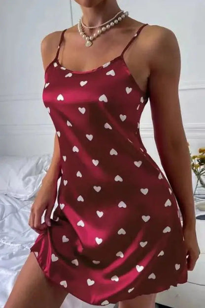 Heart Print Satin Mini Dress with Spaghetti Straps