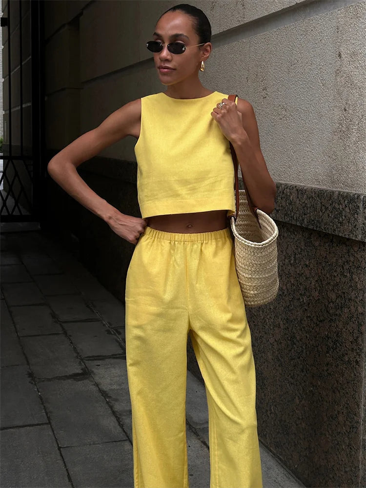 Summer Fashion 2 Piece-Set Women’s Pants Sleeveless Cropped Vest Top And Wide Leg Trousers Sets Female Outfits Trousers
