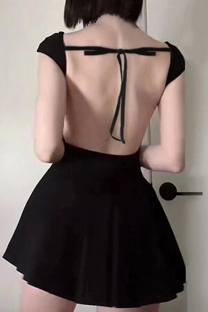 Sleeveless A-Line Bodycon Mini Dress with Tie-Up Detail