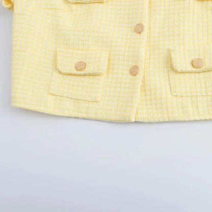 Autumn O neck Yellow Plaid Tweed Coat Cropped Vintage Women Front Pockets Gold Buttons Short Blazer Elegant Jacket