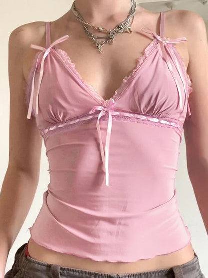 Voguable Kawaii Lace Bow Patchwork Camis Coquette Aesthetic V Neck Corset Tops Y2K Streetwear FeAesthetic Clothes