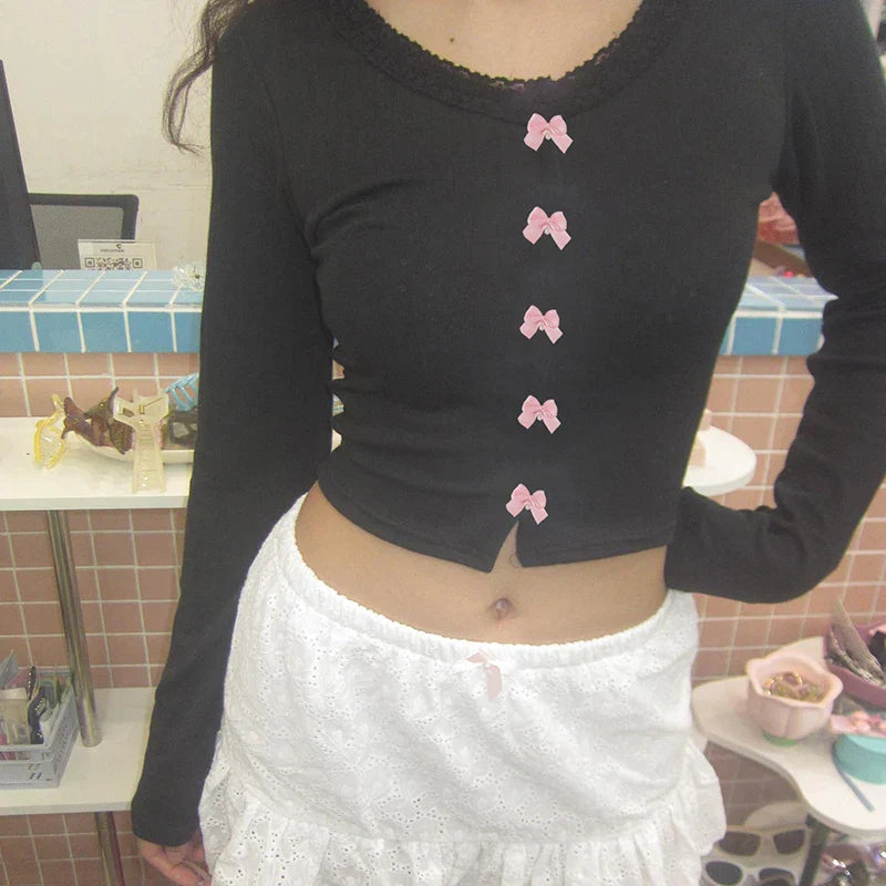 Voguable  Kawaii Multi Bow Single-breasted Knitted Top Solid Japanese Lolita Style Cropped Tops Sweet Barbiecore T-shirt y2k Tees