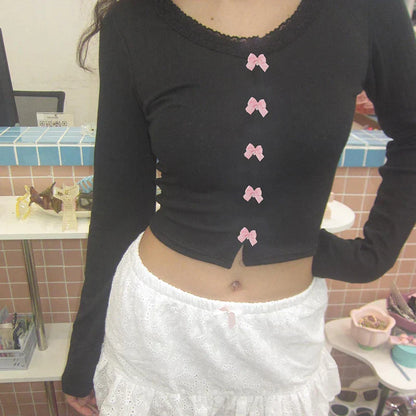 Voguable  Kawaii Multi Bow Single-breasted Knitted Top Solid Japanese Lolita Style Cropped Tops Sweet Barbiecore T-shirt y2k Tees