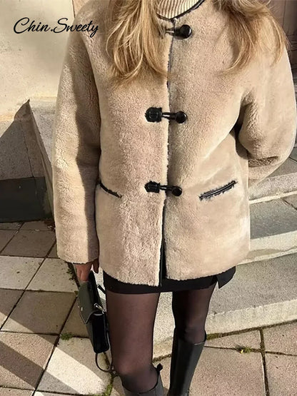 Vintage Lambs Wool Jacket For Women Loose Fleece O-neck Single Breasted Pockets Long Sleeve Fur Coat Autumn Winter Lady Outwear