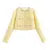 Autumn O neck Yellow Plaid Tweed Coat Cropped Vintage Women Front Pockets Gold Buttons Short Blazer Elegant Jacket