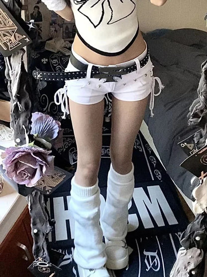 Low-Rise Lace-Up Denim Shorts
