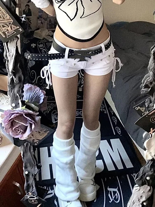 Low-Rise Lace-Up Denim Shorts