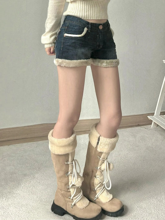 Kawaii Fluffy Trim Mini Jeans Women Chic Gentle Sweet Style Pants Fashion All-Match Blue Short Design