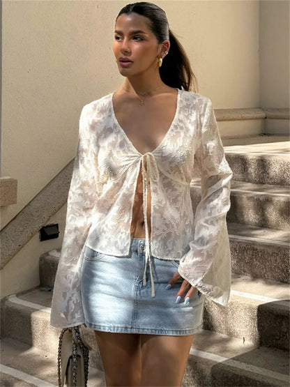Lace Printed See-Through T-shirt Cardigan Top Female Lace-Up Patchwork Sexy Cropped Y2k Top Tee Women&#8217;s Bandage Top