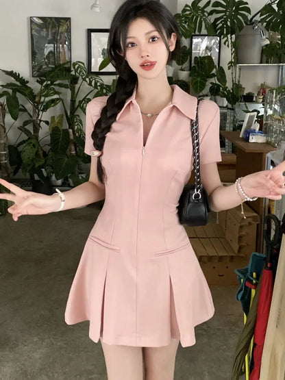 Summer New Casual Slim Solid Dresses for Women Sporty Turn-down Collor A-line Korean Chic Streetwear Simple Vestidos Mujer
