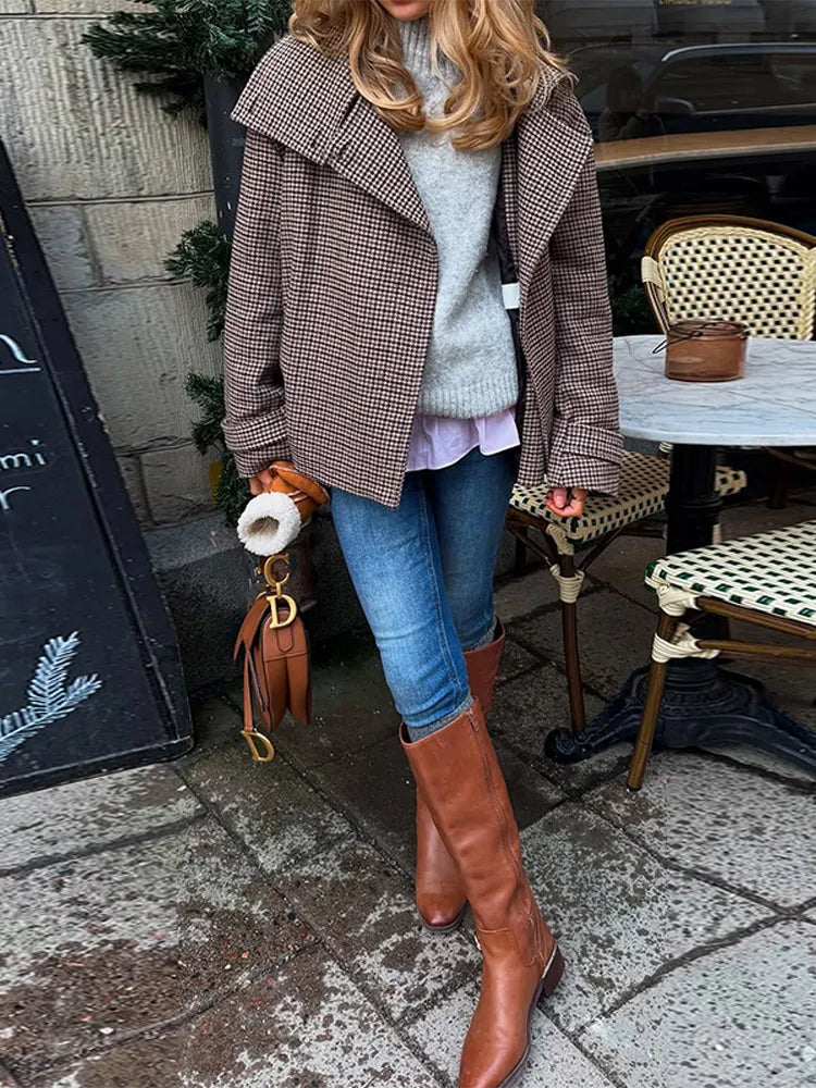 Plaid Double Breasted Street Coat Women Drop-shoulder Long Sleeve Stand Collar Loose Pocket Casual Jacket 2025 Autumn Outwear