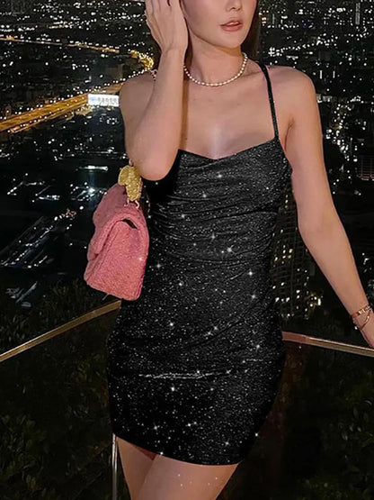 90s Rave Outfit Glitter Cowl-Neck Lace Up Sequins Dress Y2K Clubwear Backless Bodycon Strape Mini Dress Party Cloth