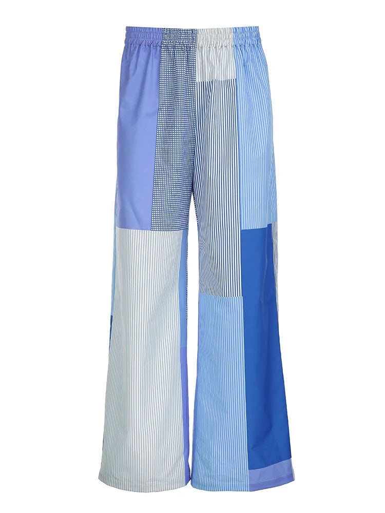 Grunge Aesthic Color Block Blue Stripe Baggy Trousers For Women Elastic Waist Loose Casual Woven Pants Lazy Homewear