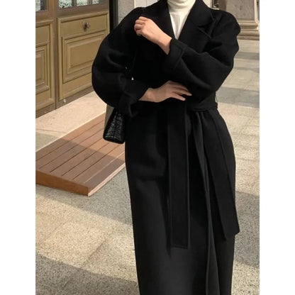 Women Elegant Long Woolen Coat with Belt Autumn Winter New Fashion Solid Lapel Long Sleeve Chic Outerwear Ladies Casual Overcoat