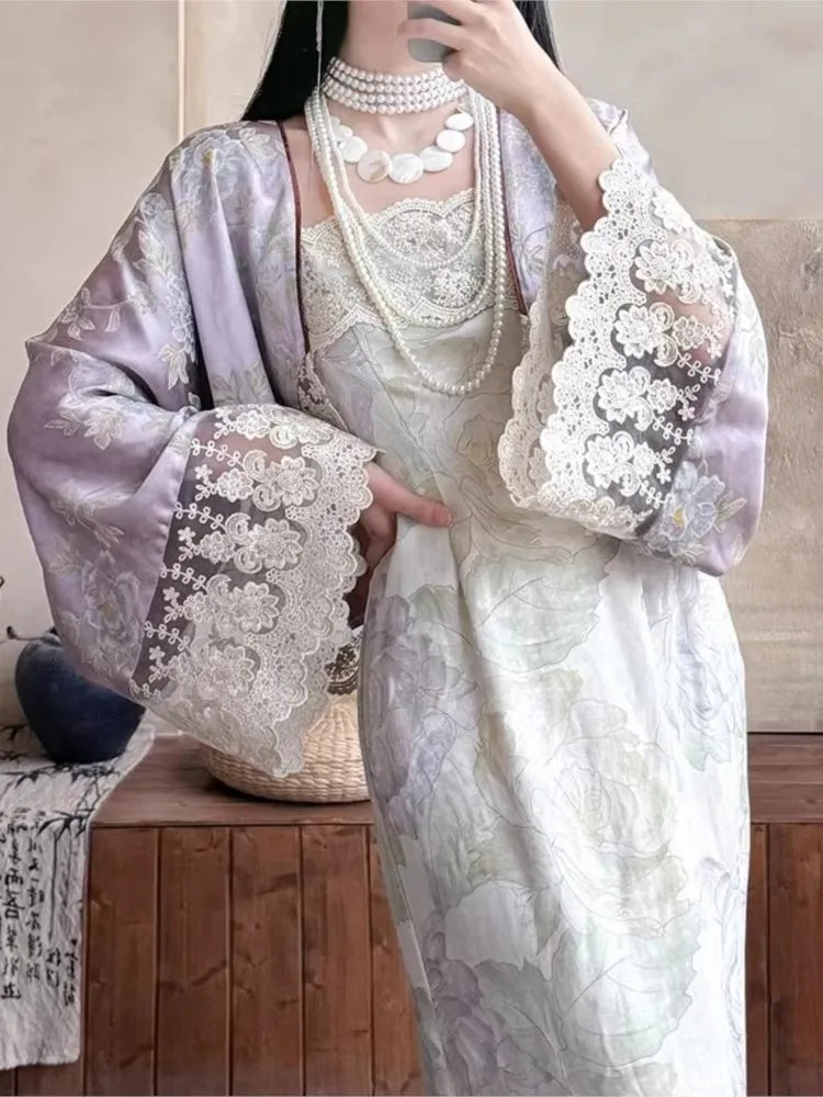New Chinese Style Women’s Two-piece Dress Set Lace Patchwork Cardigan Spaghetti Strap Lace-up Long Dress Vintage Female Suit
