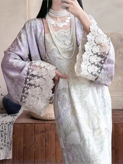 New Chinese Style Women’s Two-piece Dress Set Lace Patchwork Cardigan Spaghetti Strap Lace-up Long Dress Vintage Female Suit