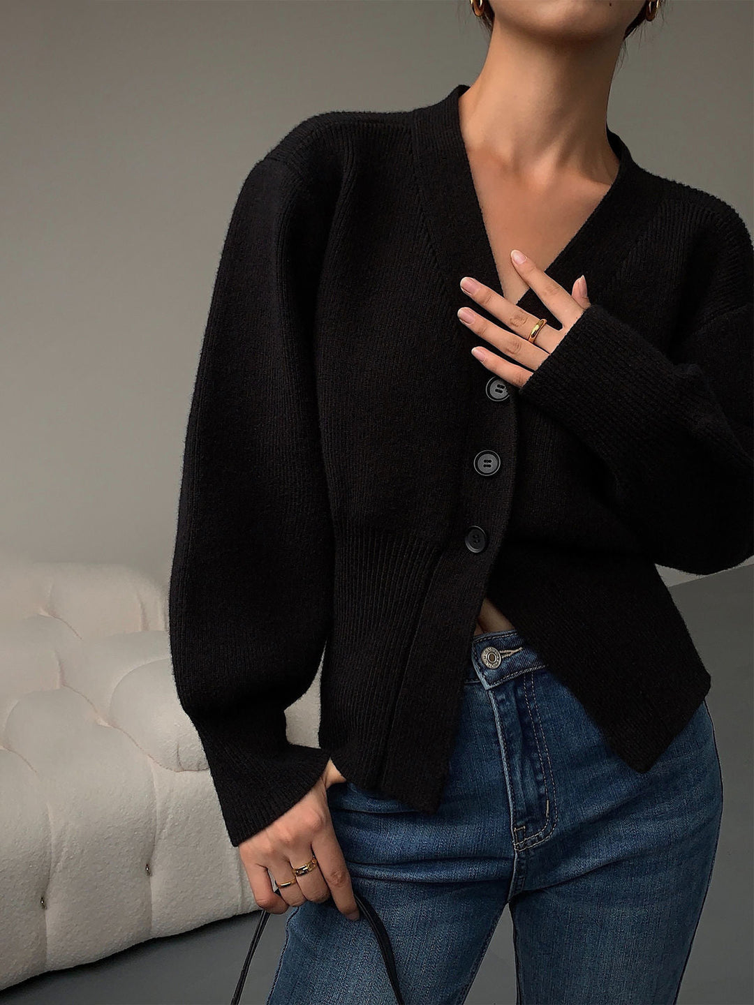 Cárdigan elegante con mangas farol y botones para mujer | Ideal para el día a día