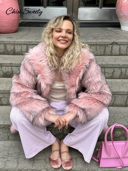Winter Faux Fur Long Coat For Women Fashion Full Sleeve Fur Collar Oversize Female Jacket  New Elegant Thick Warm Outwear