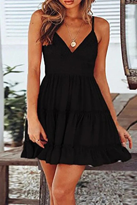 V-Neck Backless Lace-Up Mini Dress with Spaghetti Straps
