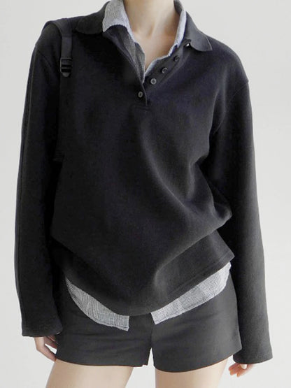 Patchwork Plaid Lapel Collar Fake Two Piece Sweats Preppy Style Simple Fashion s Trendy Pullovers Basic