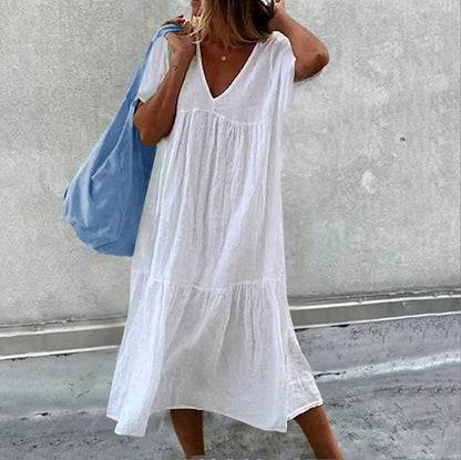 Solid Color Cotton Linen Midi Dresses Women Fashion Casual V-neck Short Sleeves Loose Dress Simple Style Lady Commuting Vestidos