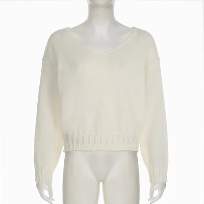V-neck Solid Casual Sweater Simple All-match Cable-knit Knitwear Pullovers Fall Women Clothes Streetwear Loose Fit Tops