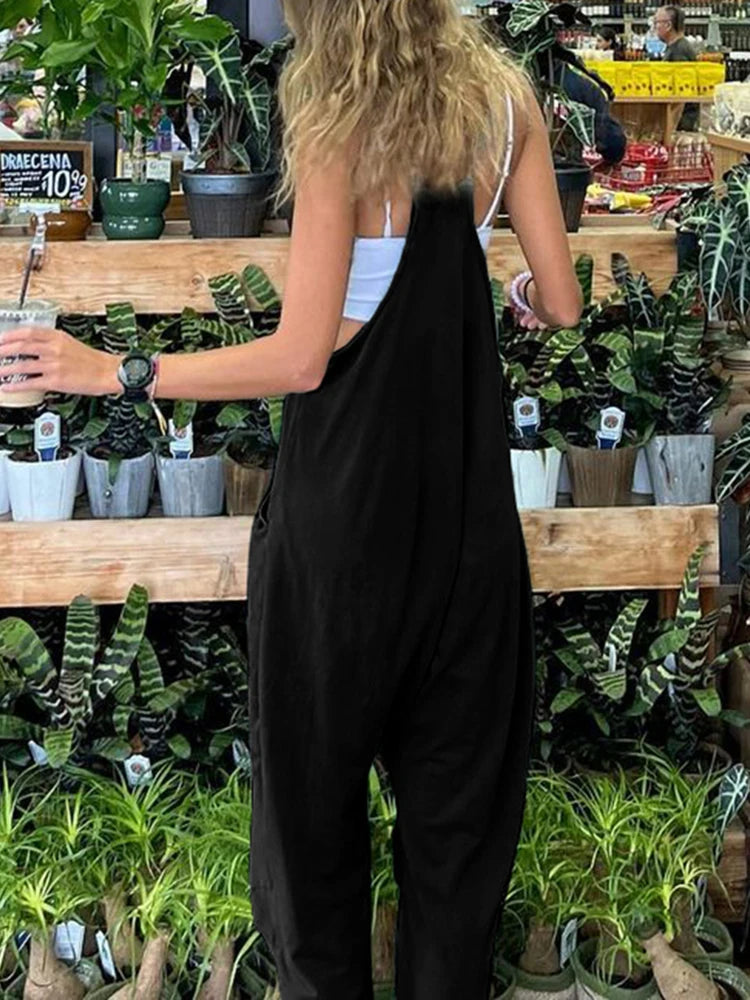 Solid Hippie Baggy Pockets Strappy Rompers Womens Jumpsuits Casual Streetwear