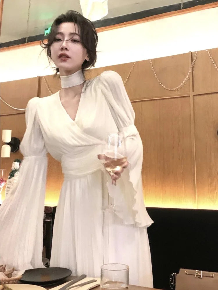 Autumn Solid Pleated Long Dresses for Women Halter V-neck Flare Sleeve Wedding Party Dress Korean Fashion One Piece Vestidos New