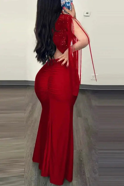 Sequin Slit Maxi Dress with Elegant Contrast
