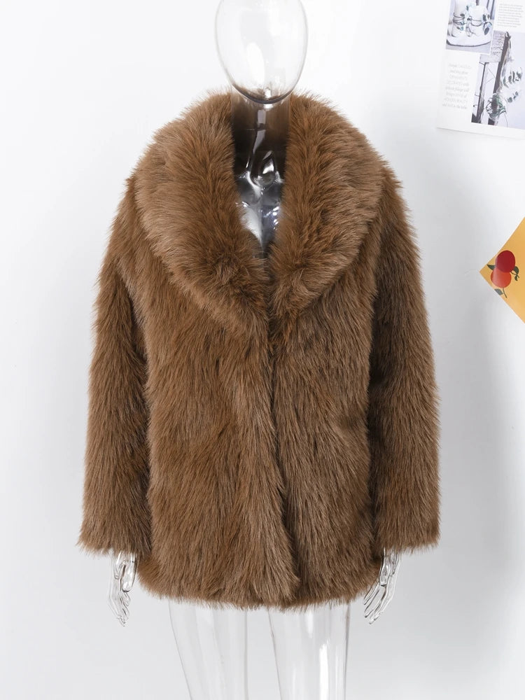 Luxury Brown Faux Fur Coats Women Fashion Full Sleeve Lapel Long Warm Jacket  Winter Fluffy Thick High Street Outerwear New
